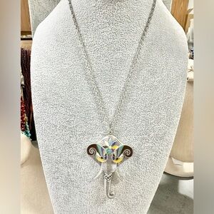 Large Sliver Tone With Enamel Elephant Pendant Statement Necklace